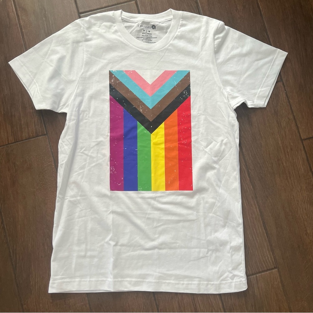 Pride Flag Unisex White T Shirt by Celebrate It! sz Medium LGBTQ